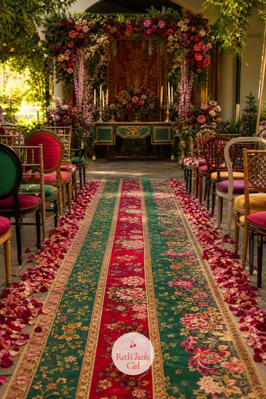 A Statement Aisle Runner — A plain white runner disappears the moment the florals and chairs start competing for attention. Maximalist wedding decor