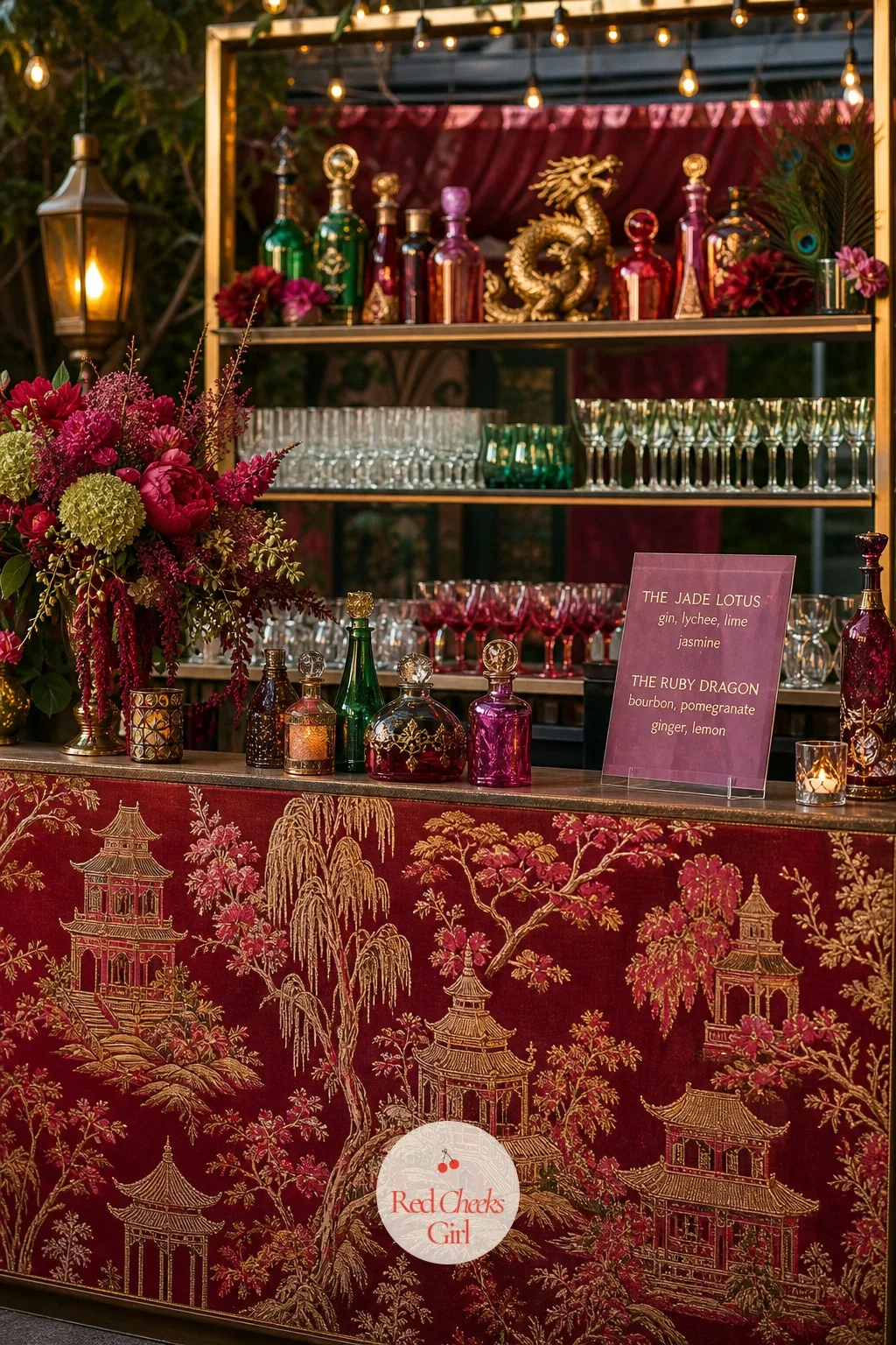 A Statement Bar — A folding table with a plain cloth thrown over it is not a statement bar, it is a bar nobody will photograph. Maximalist wedding decor