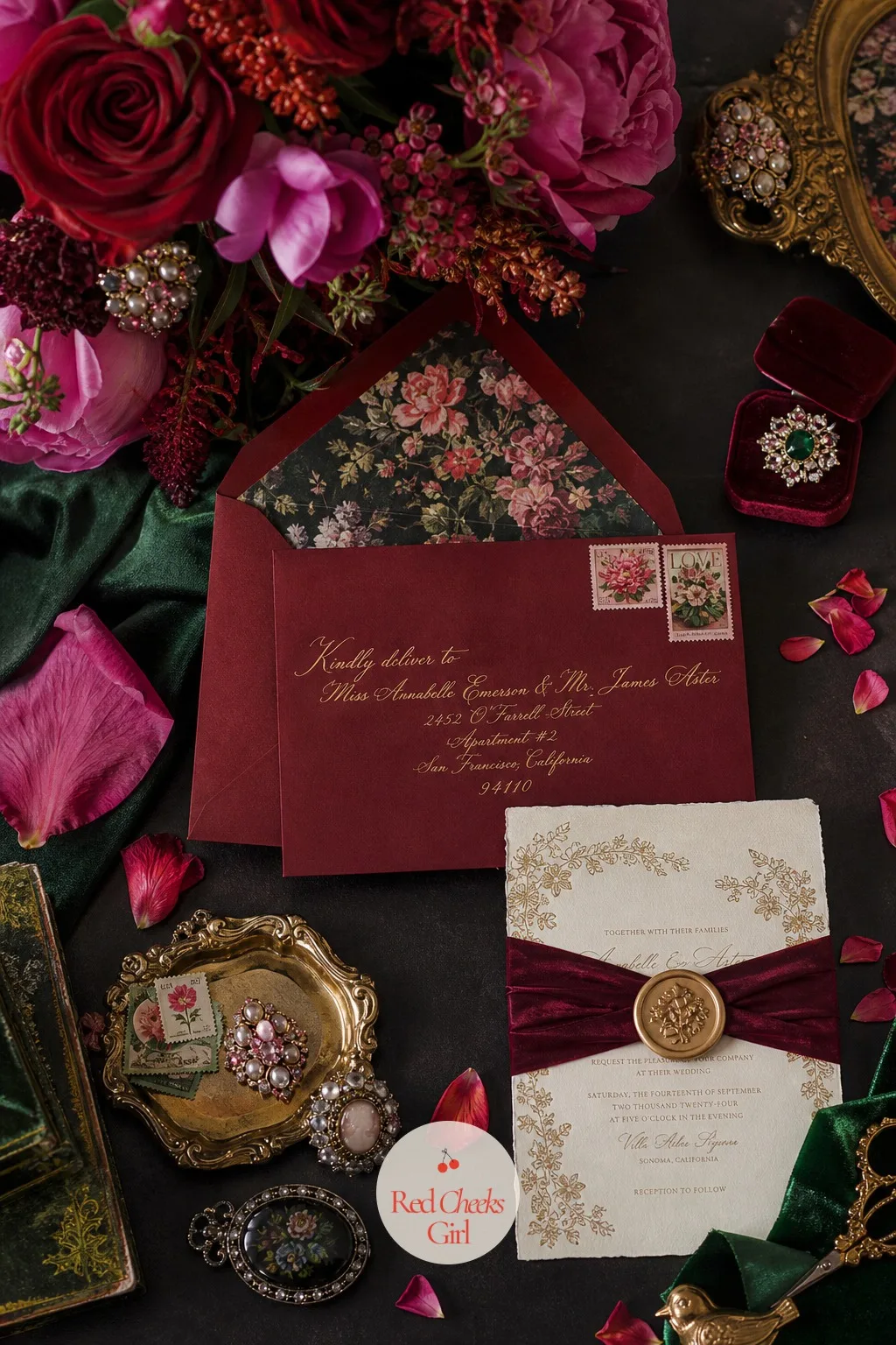 Statement Invitations — A plain card with one sprig of greenery undersells everything coming. Maximalist wedding decor