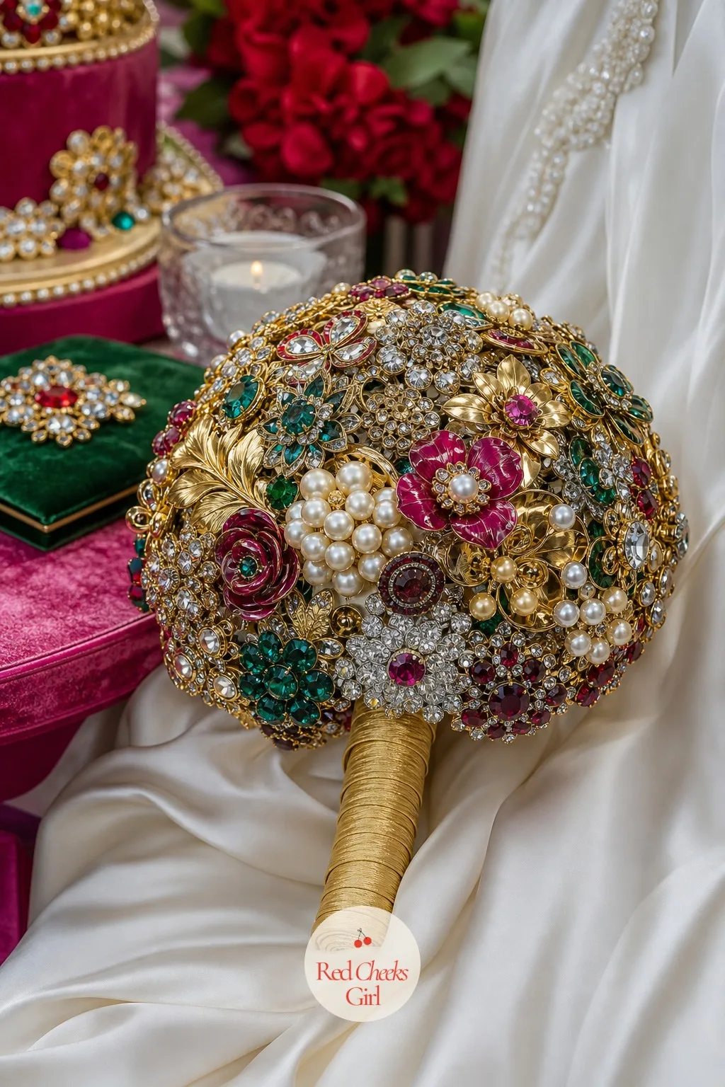 A Vintage Brooch Bouquet — A bouquet that wilts by the reception feels wasteful next to everything else built to last the whole night. Maximalist wedding decor