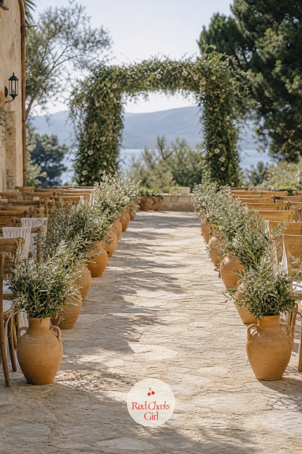 Aisle Lined with Terracotta Urns — An empty aisle looks unfinished next to a dressed altar, but it does not need its own florist budget to fix. Mediterranean