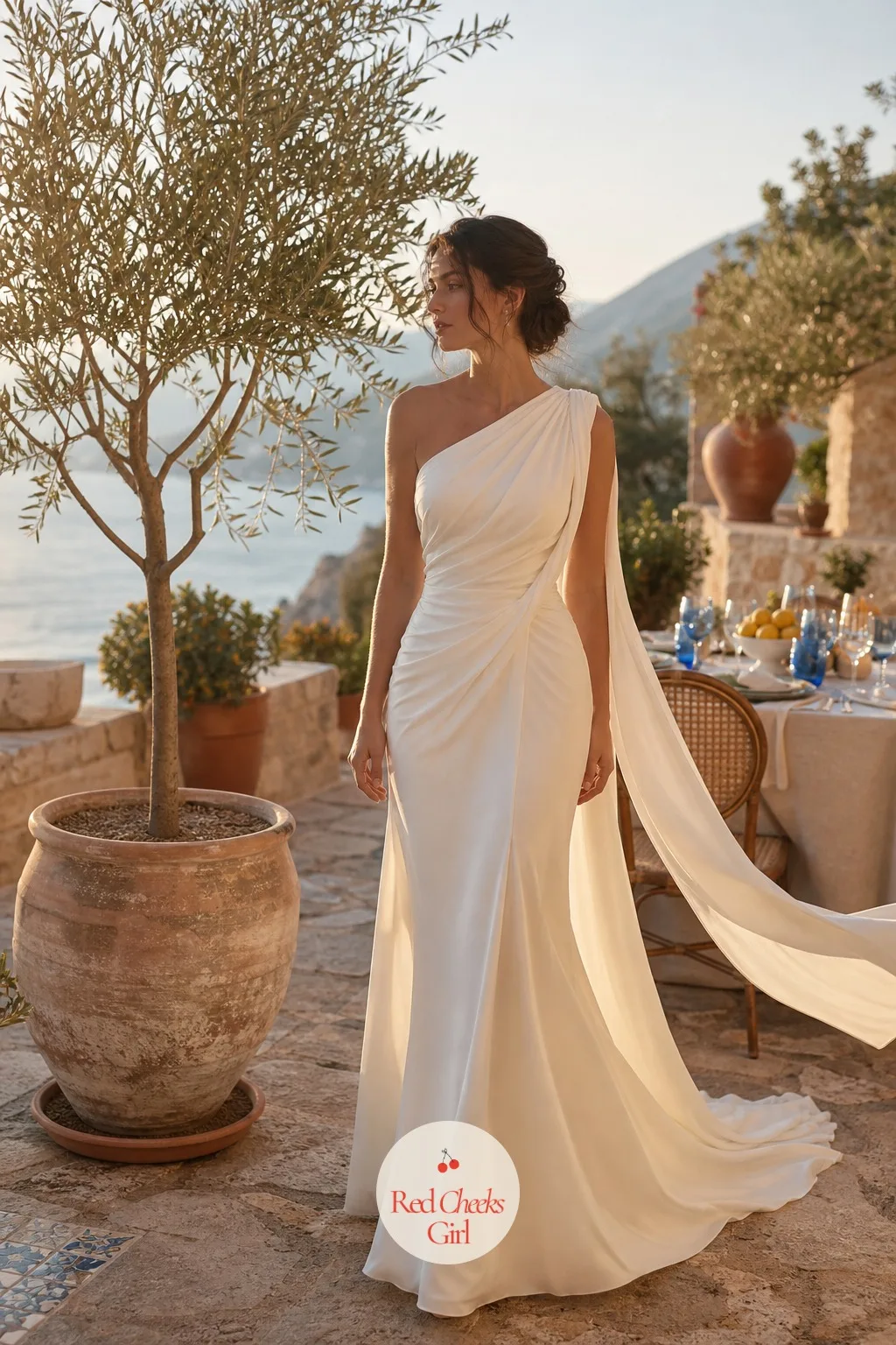 Bride's Draped Grecian Gown — A heavily structured ballgown fights the whole relaxed point of this wedding. Mediterranean wedding