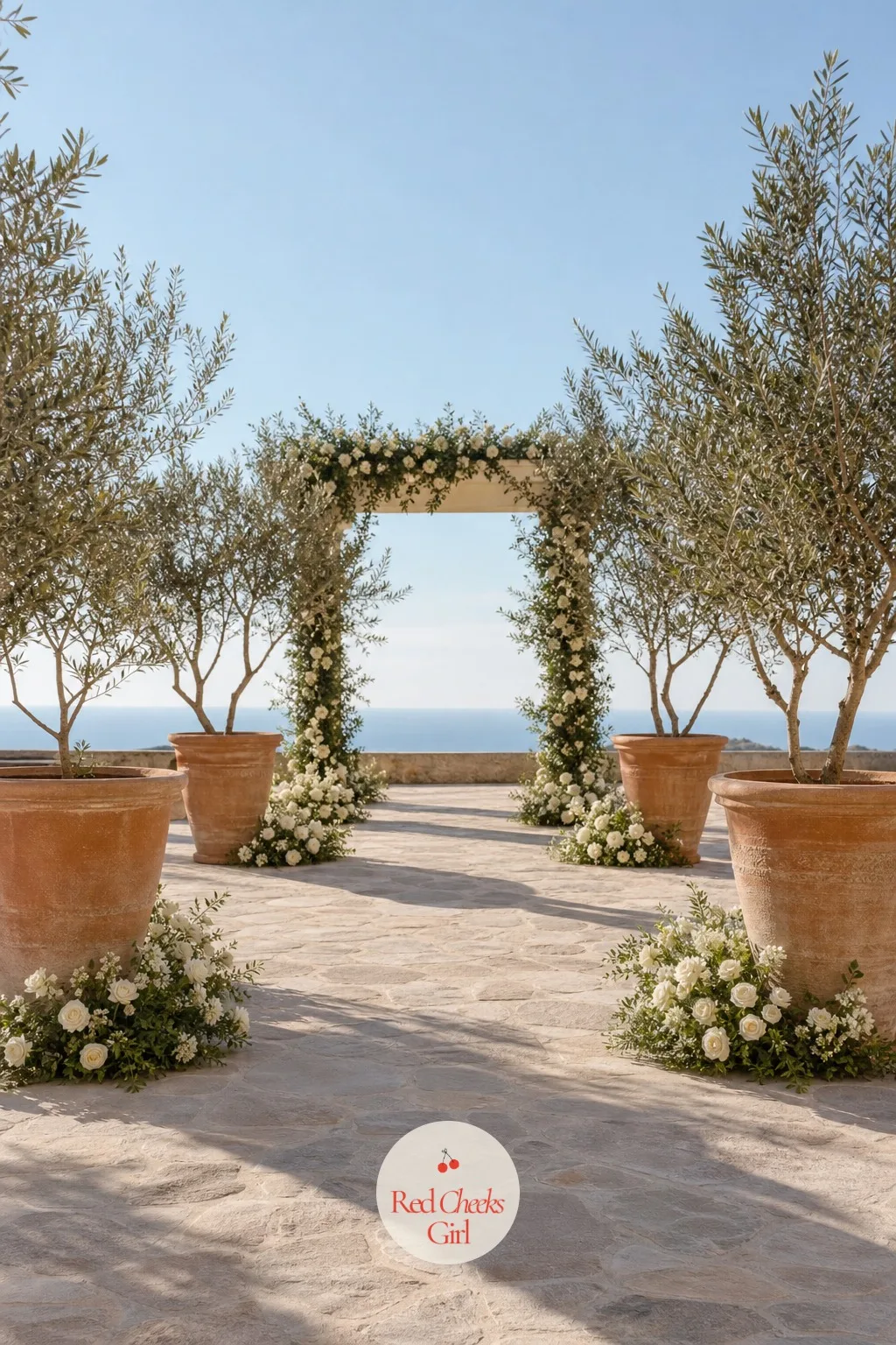Ceremony Backdrop of Potted Olive Trees — An arch covered in flowers can swallow the whole budget before the reception even starts. Mediterranean wedding