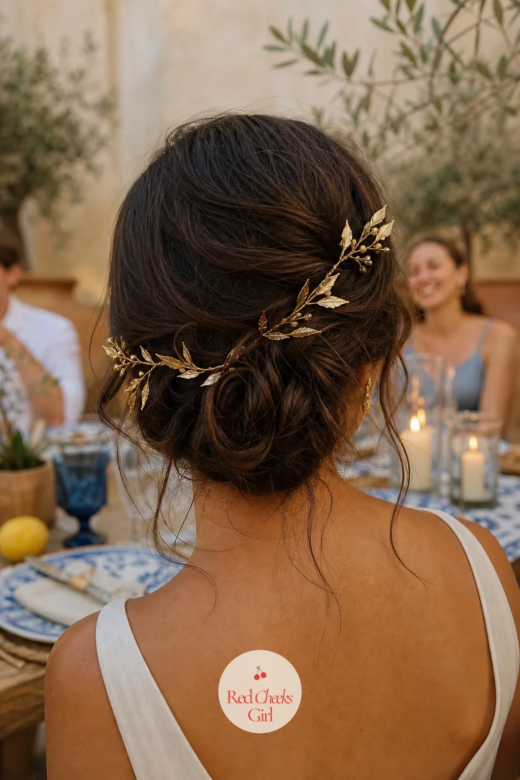 Gold Leaf Hair Vine — A full veil can feel heavy against a draped, barefoot-on-a-terrace kind of dress. Mediterranean wedding