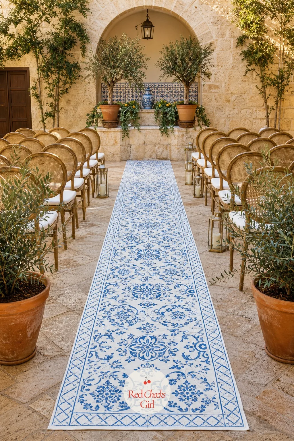 Hand-Painted Tile Aisle Runner — A plain white aisle runner disappears into the ground; a runner printed with a blue and white tile pattern turns the walk