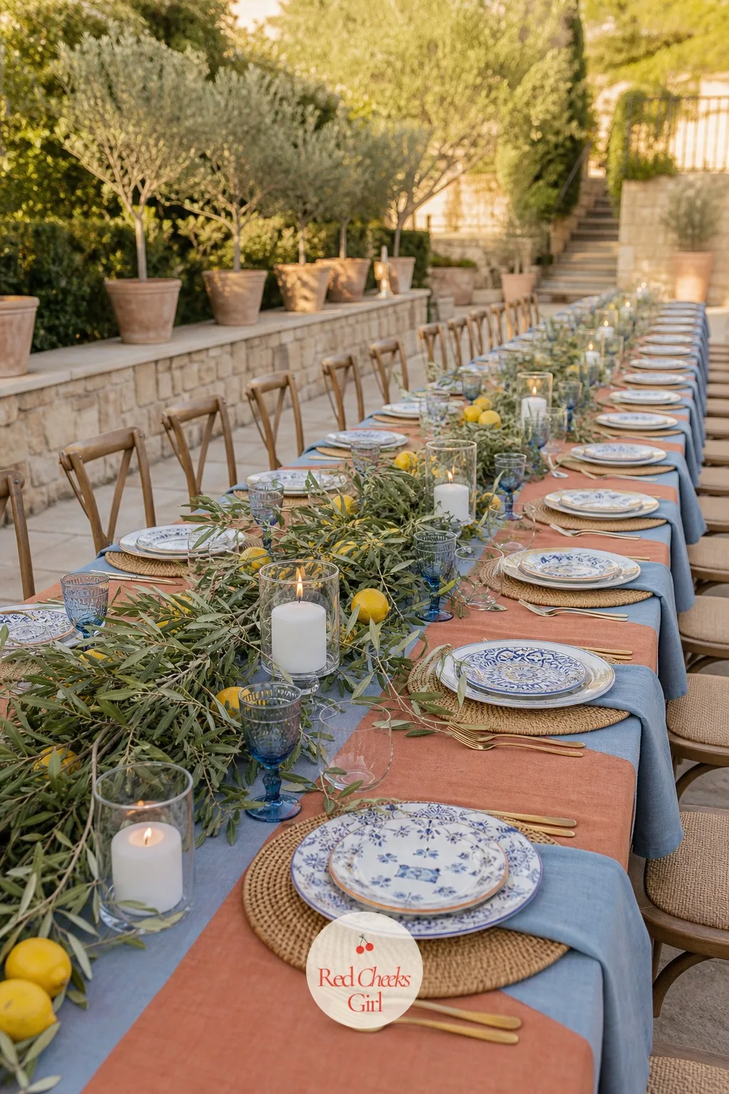 Long Table Garlanded with Olive Branches — One long table beats a row of round ones here: nobody eats at the far end of the room, and everyone can see the