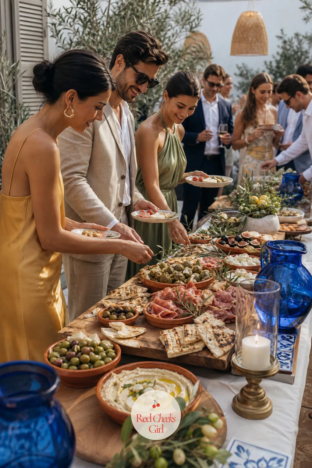 Mezze and Antipasti Grazing Station — Guests arriving before the toasts need somewhere to stand and eat with their hands, and a long grazing board does that