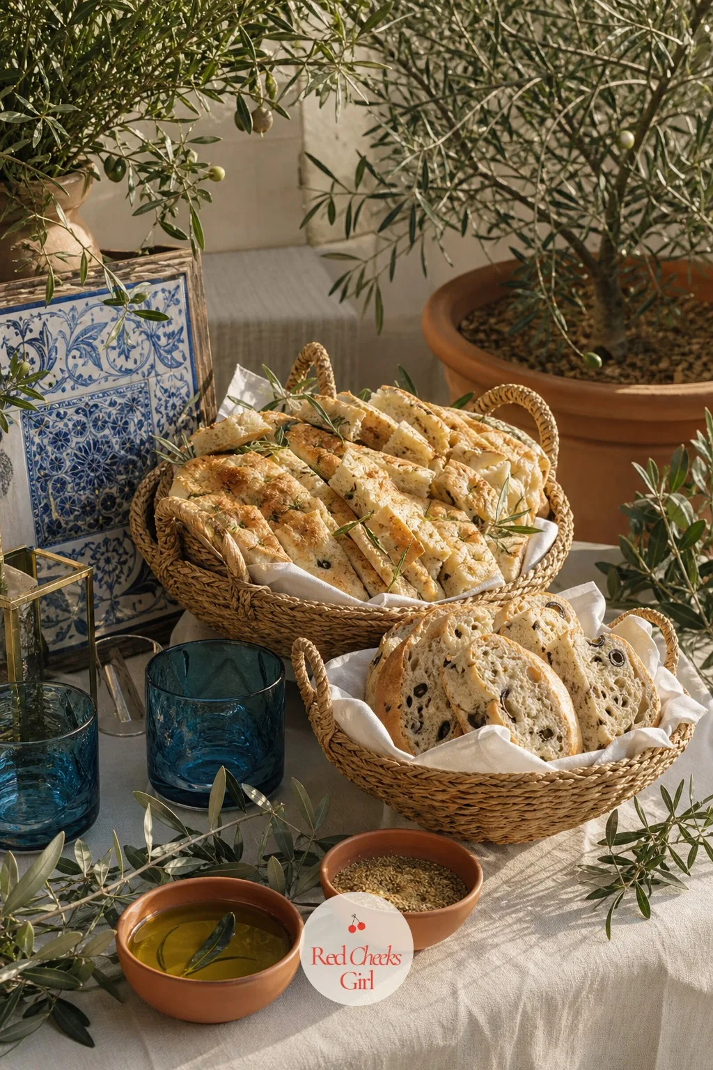 Olive Bread and Focaccia Basket Display — Bread baskets usually get an afterthought spot at the end of the table, but a proper display of warm focaccia and
