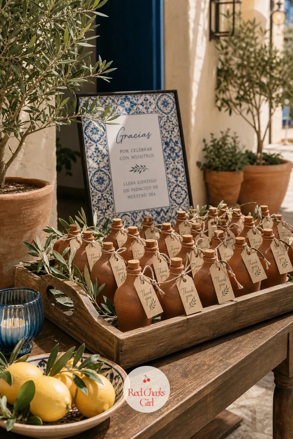 Olive Oil Favors in Terracotta Bottles — A favor that gets used is worth more than one that sits in a drawer, and a small bottle of good olive oil earns its