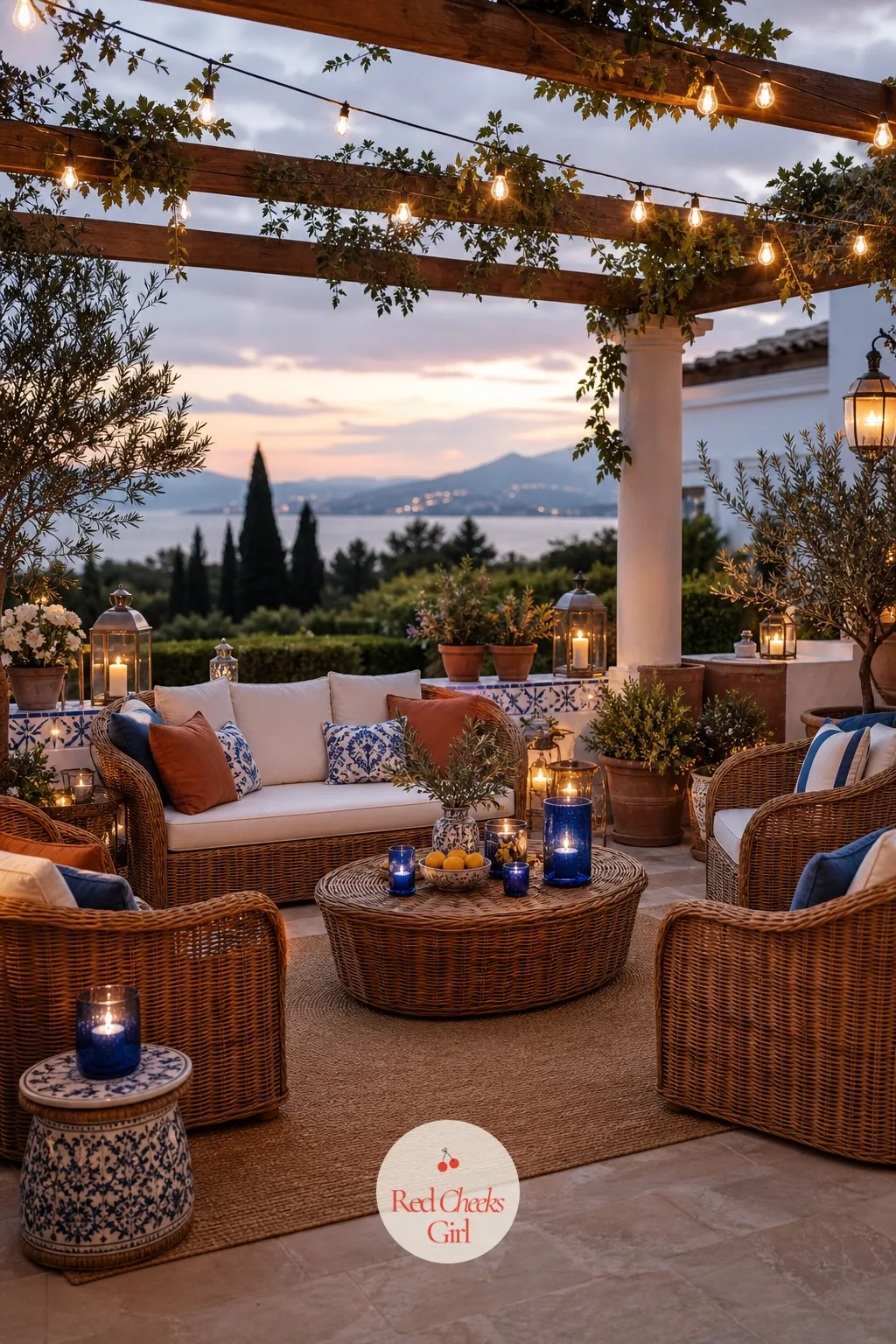 Rattan Lounge Corner — Once the formal part winds down, guests want somewhere low to sink into with a drink, not another row of folding chairs. Mediterranean