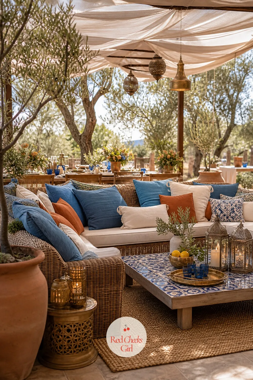 Shaded Lounge with Azure Linen Pillows — Bare rattan furniture reads a little stark without something soft thrown across it. Mediterranean wedding