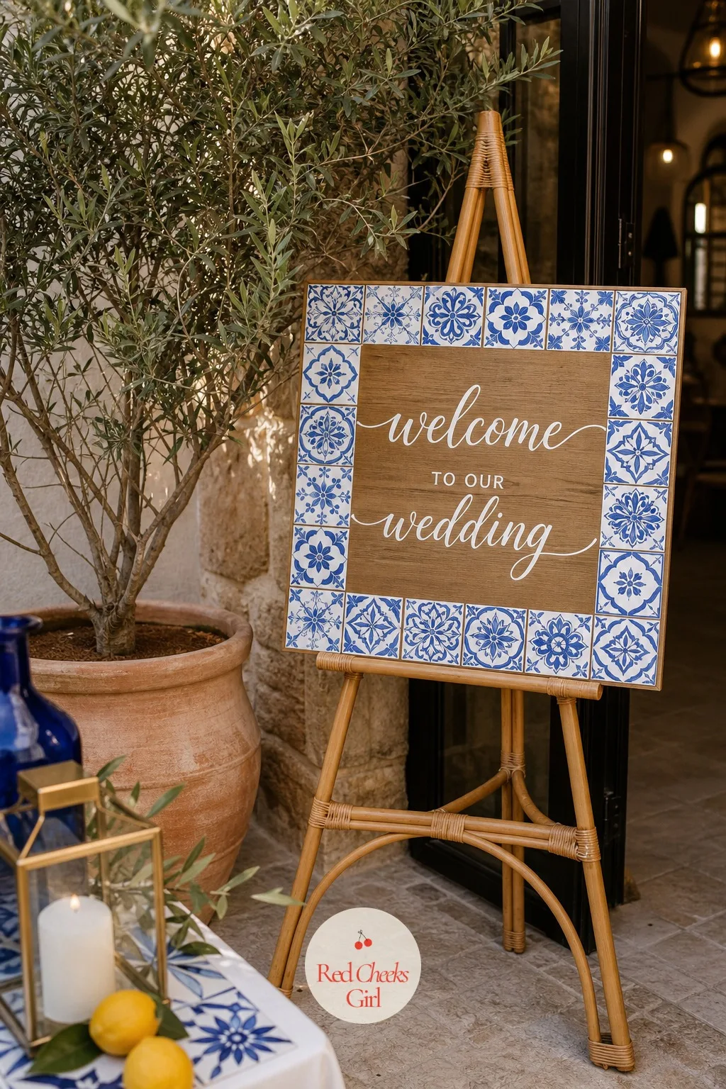 Tile-Pattern Welcome Signage — A guest's very first impression of the whole wedding is the sign she reads walking in, so it carries more weight than its size