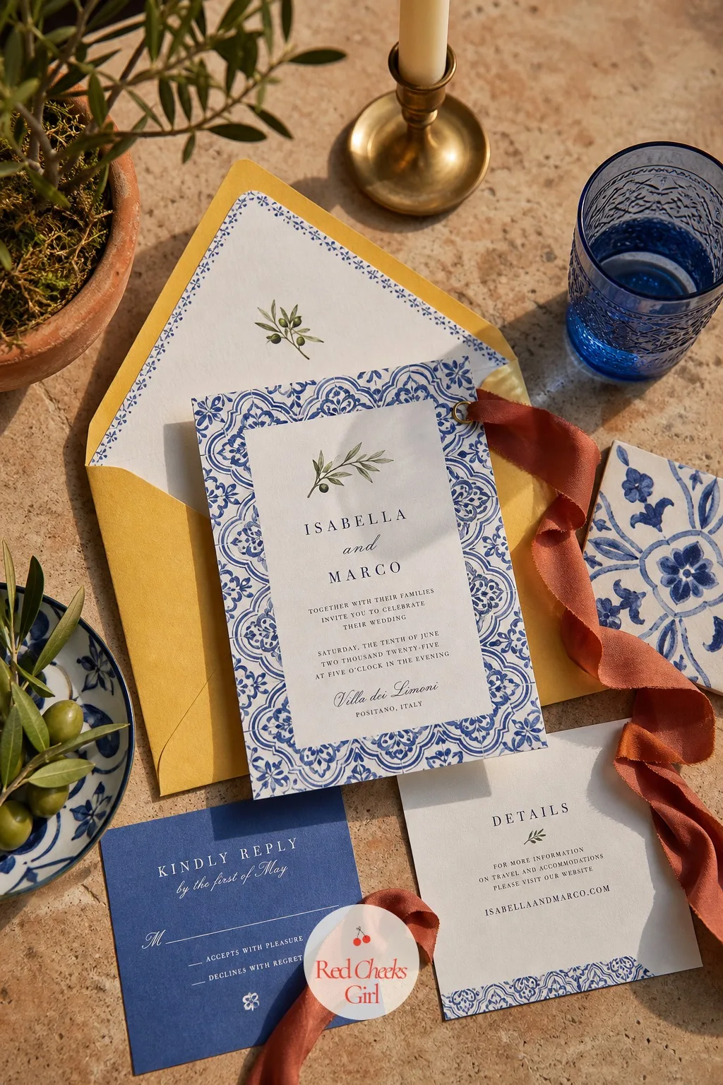 Watercolor Invitation Suite with Tile Border — The invitation arrives months before any of the rest of this exists, so it has to promise the whole wedding in