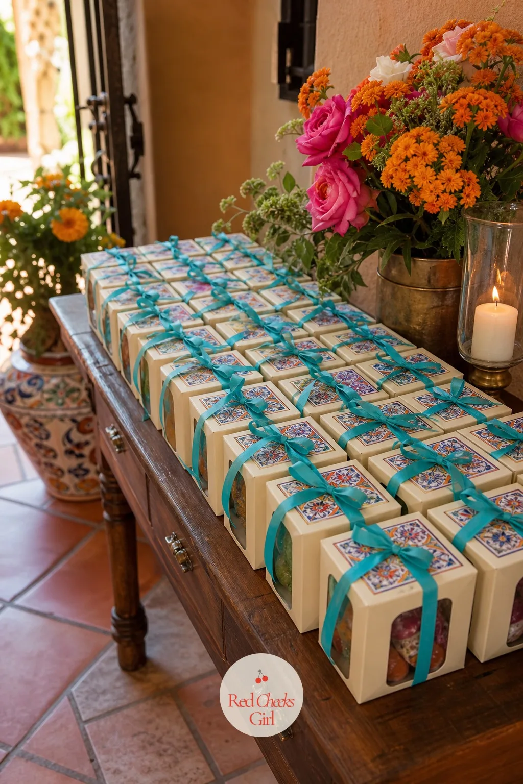 The Boxes of Sweets — These sit near the exit, not at every place setting, so nobody has to carry a box through dinner. Mexican wedding