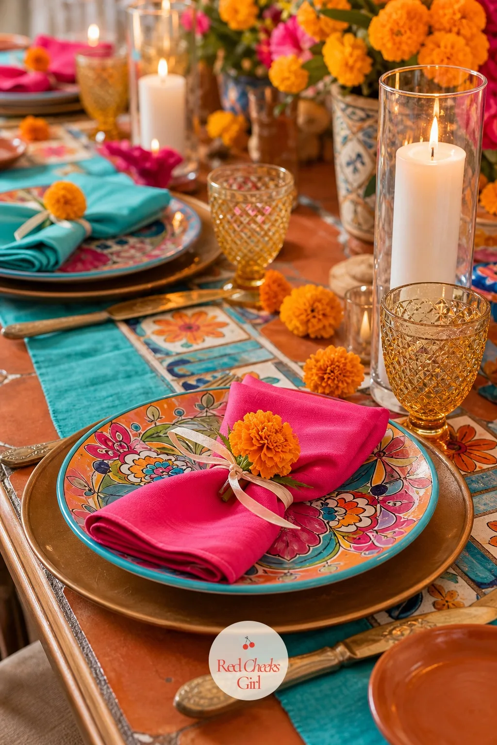 The Bright Napkins — The smallest textile on the table does the most color work, simply because it sits right under every guest's hands. Mexican wedding
