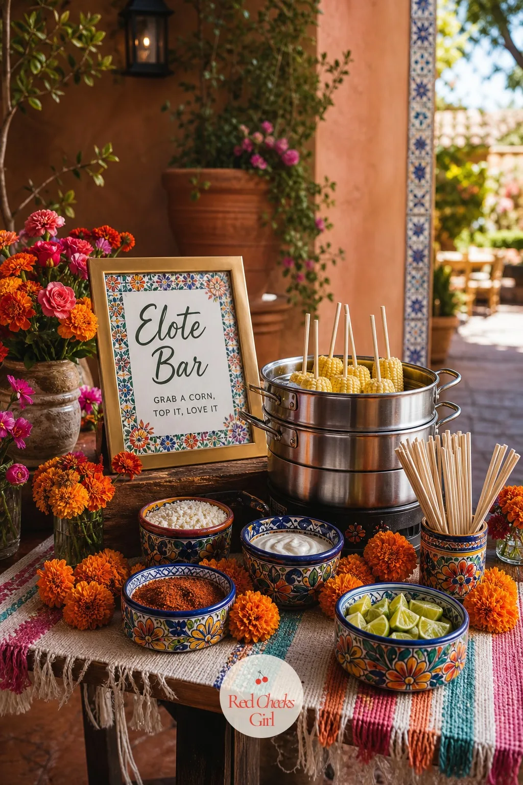 The Elote Bar — This one gets its own small table, separate from the tacos, because the toppings are different enough to need their own bowls. Mexican wedding