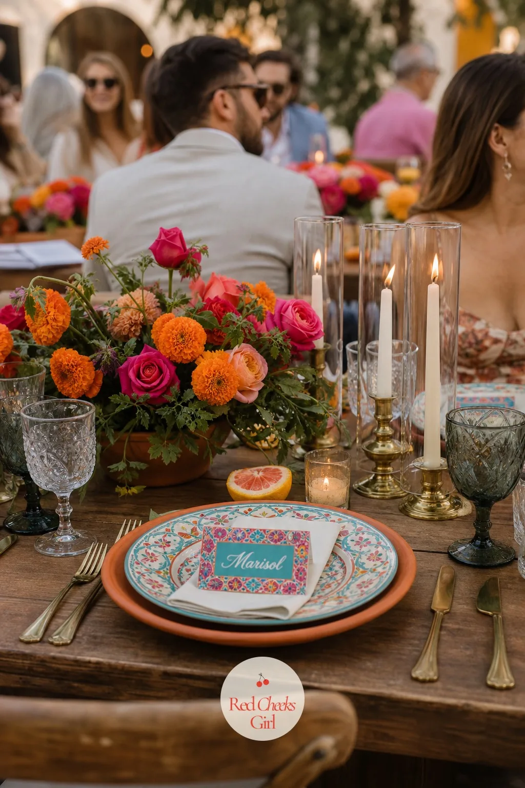 The Hand-Painted Place Cards — This is the smallest card at the table, and it earns the same tile border as the cake and the invitation. Mexican wedding