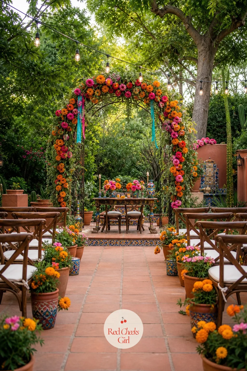 The Marigold and Pink Floral Arch — This is the first thing anyone sees, so it carries the most flowers and the least restraint. Mexican wedding