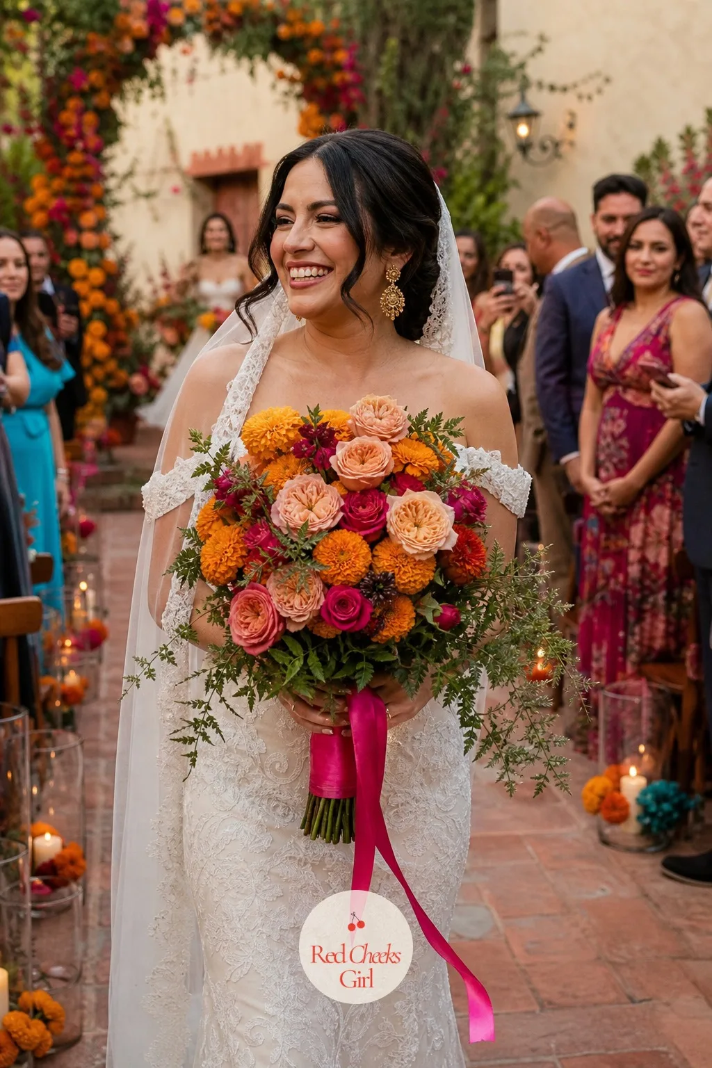 The Marigold and Rose Bridal Bouquet — This is the one thing she carries the whole way down the aisle, so it has to hold its shape by hand, not by wire alone.