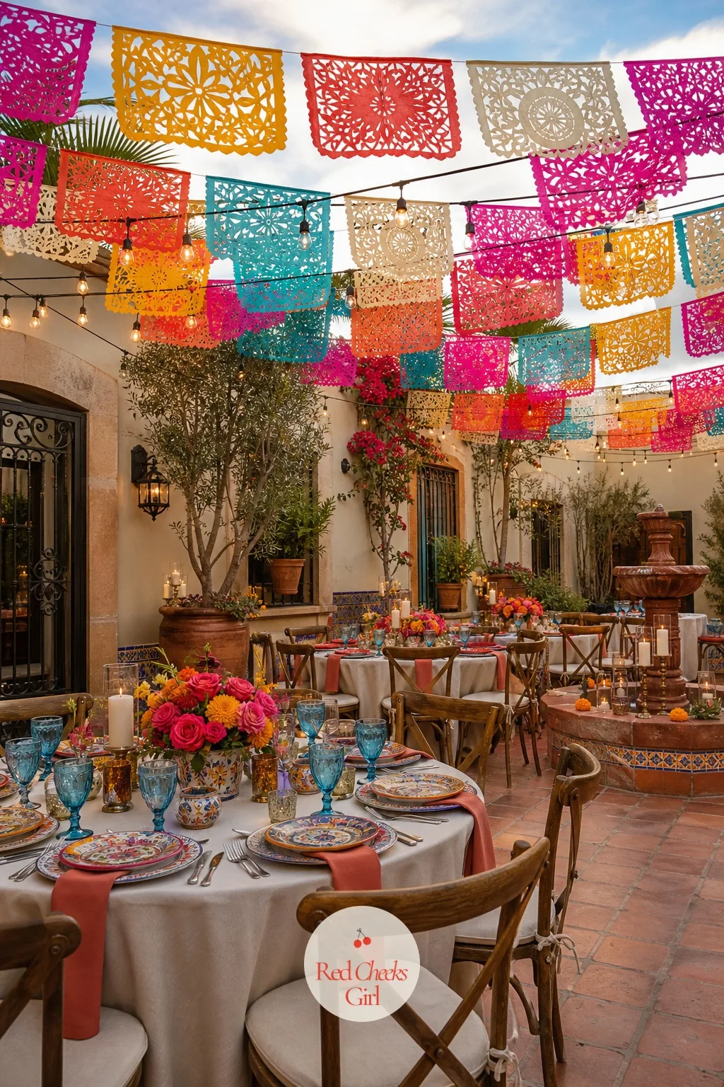 The Papel Picado Banners — Look up and the whole courtyard changes. Mexican wedding