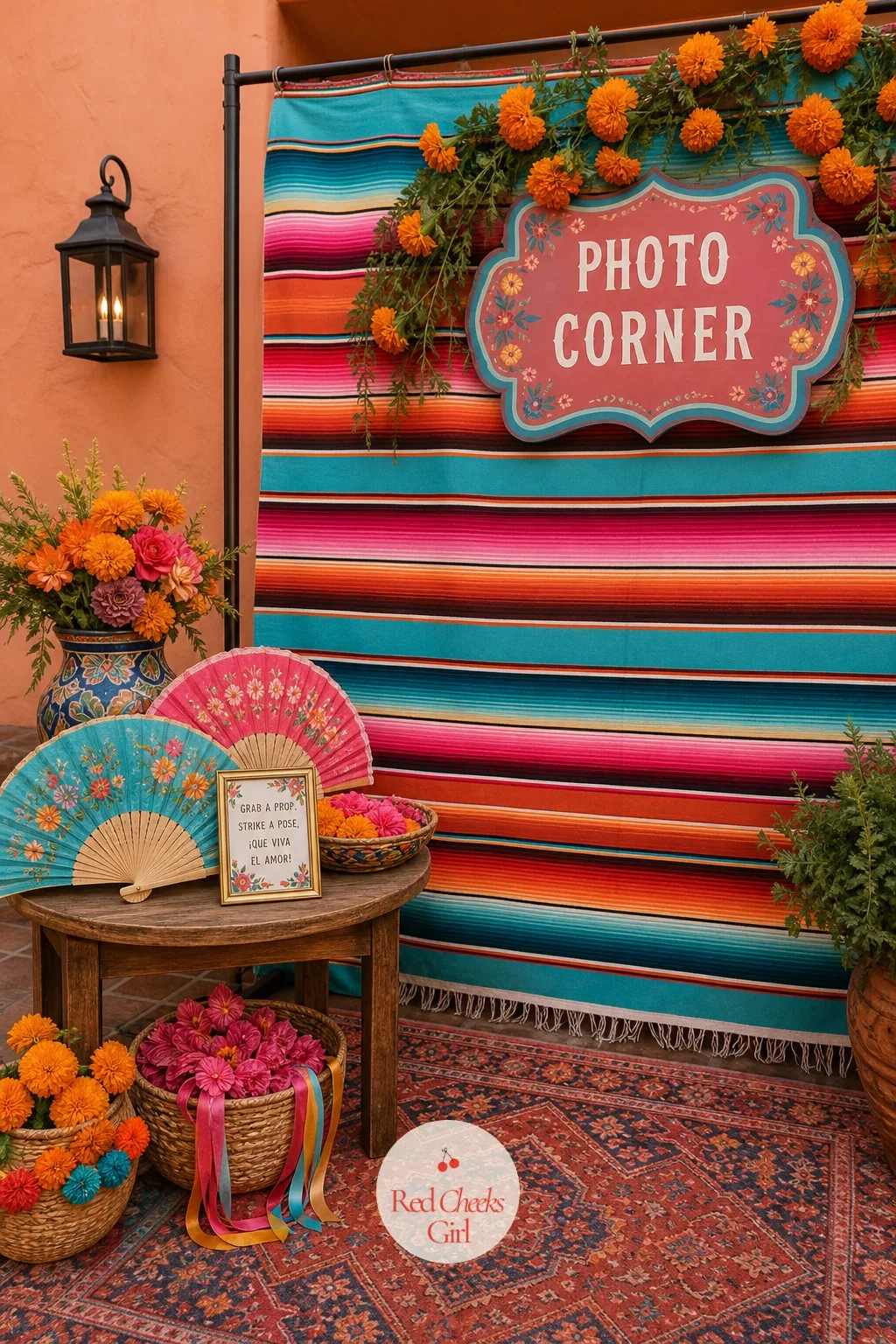 The Serape-Striped Photo Corner — Guests end up here between courses, phones out, so it earns a proper backdrop rather than a bare wall. Mexican wedding