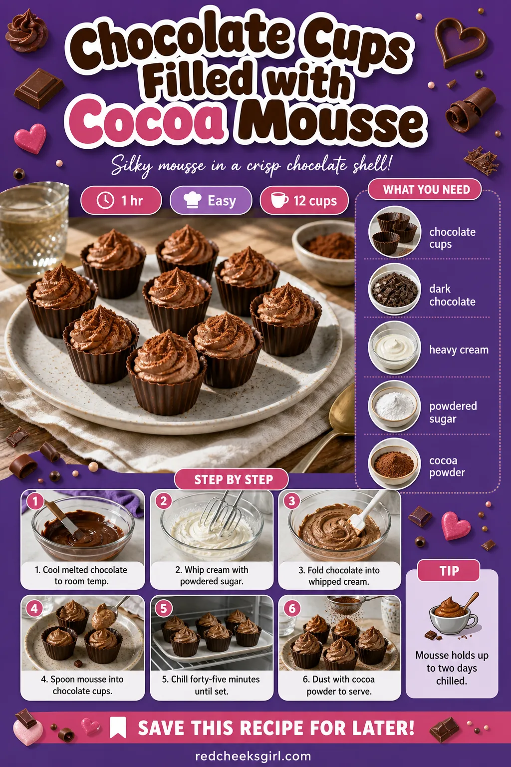 Chocolate Cups Filled with Cocoa Mousse Recipe Card printable sheet — Chocolate Cups Filled with Cocoa Mousse | Prep 15 min, Total 1 hr, Yield 12 |
