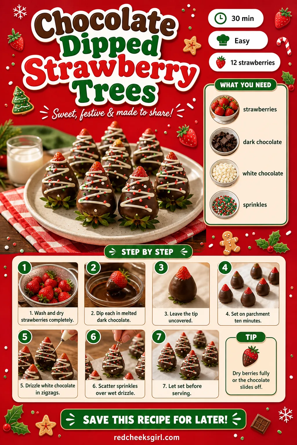 Chocolate Dipped Strawberry Trees Recipe Card printable sheet — Chocolate Dipped Strawberry Trees | Prep 15 min, Total 30 min, Yield 12 | Ingredients
