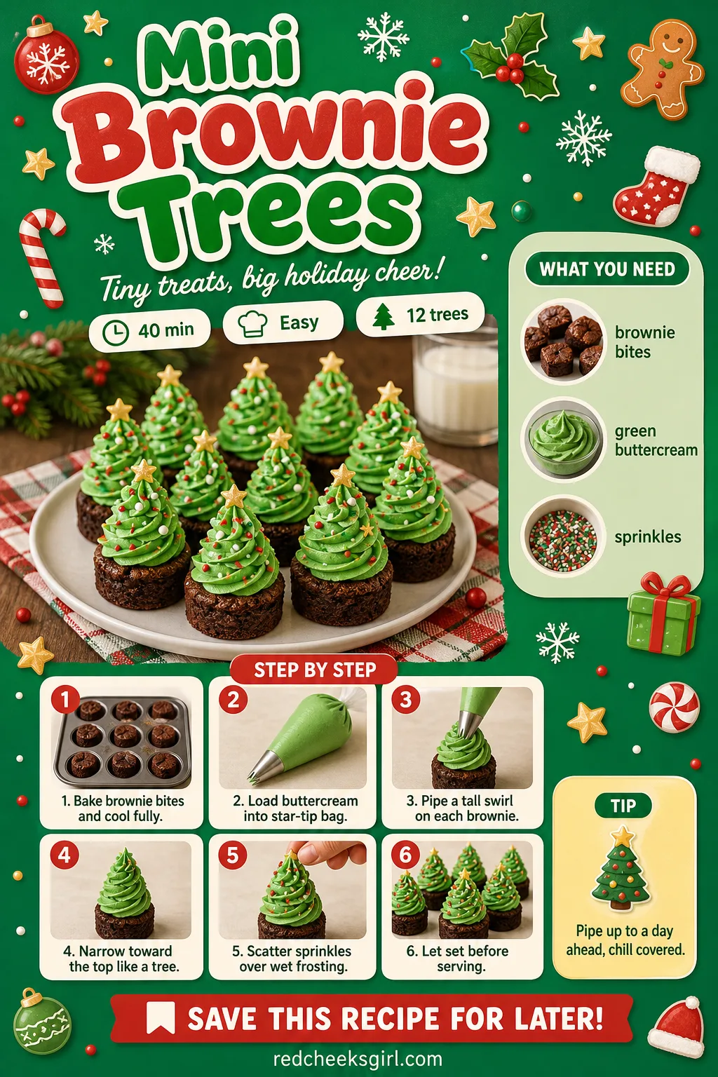 Mini Brownie Trees Recipe Card printable sheet — Mini Brownie Trees | Prep 15 min, Total 40 min, Yield 12 | Ingredients: brownie bites, green buttercream