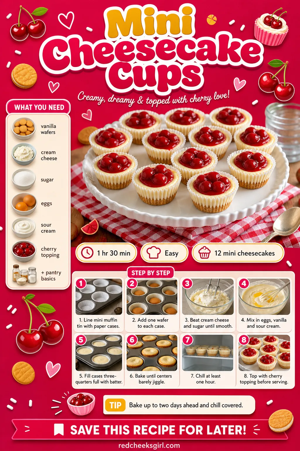 Mini Cheesecake Cups Recipe Card printable sheet — Mini Cheesecake Cups | Prep 15 min, Total 1 hr 30 min, Yield 12 | Ingredients: vanilla wafers, cream cheese