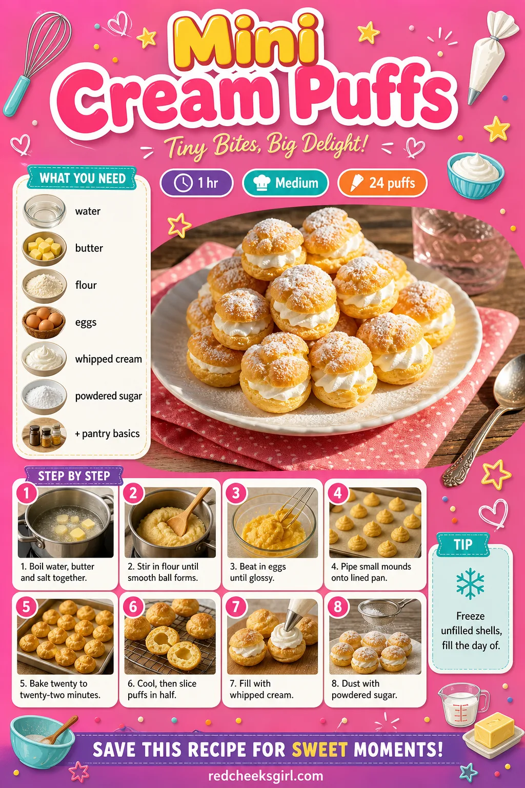 Mini Cream Puffs Recipe Card printable sheet — Mini Cream Puffs | Prep 20 min, Total 1 hr, Yield 24 | Ingredients: water, butter, flour, eggs, whipped cream