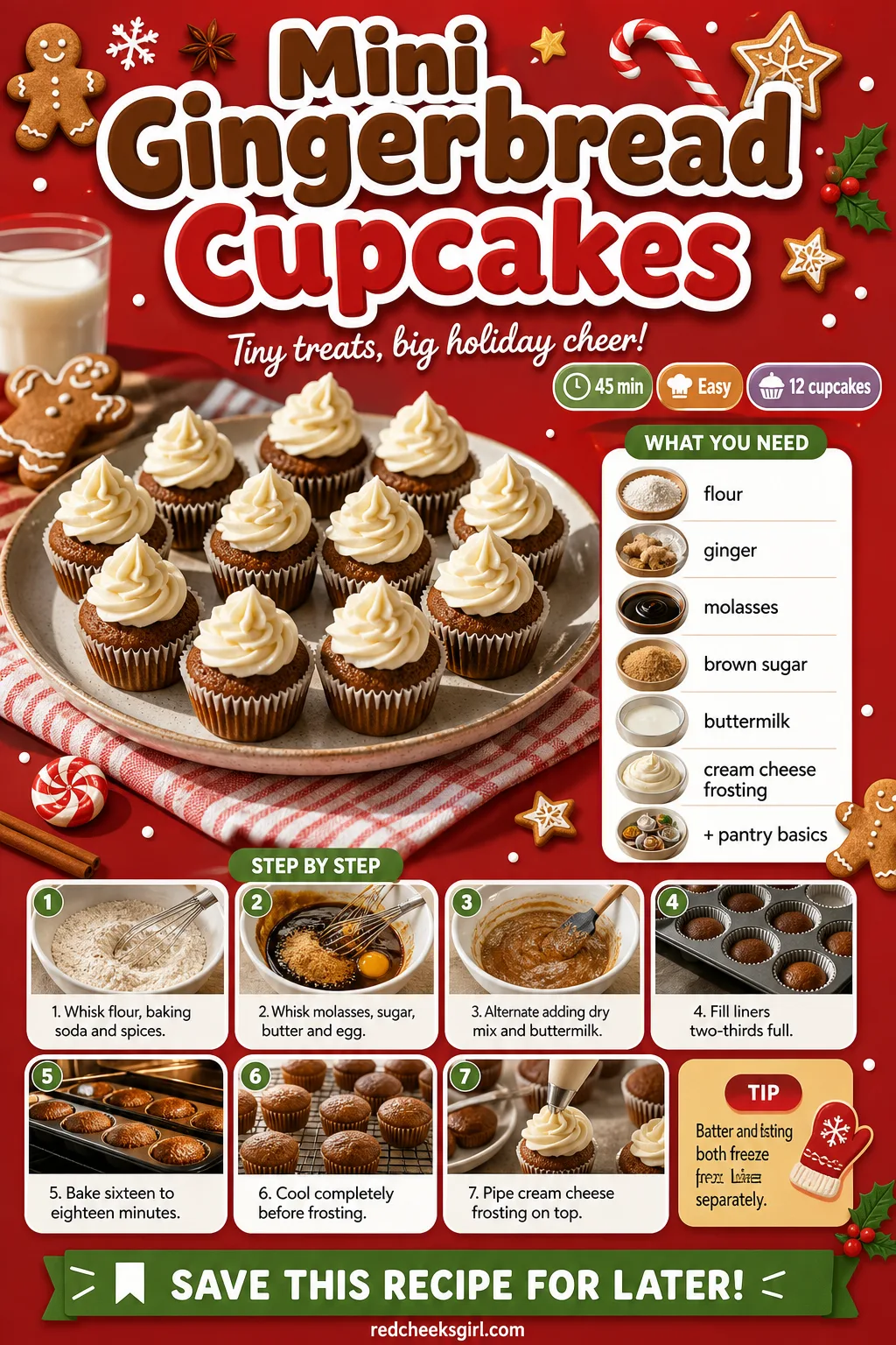 Mini Gingerbread Cupcakes Recipe Card printable sheet — Mini Gingerbread Cupcakes | Prep 15 min, Total 45 min, Yield 12 | Ingredients: flour, ginger, molasses