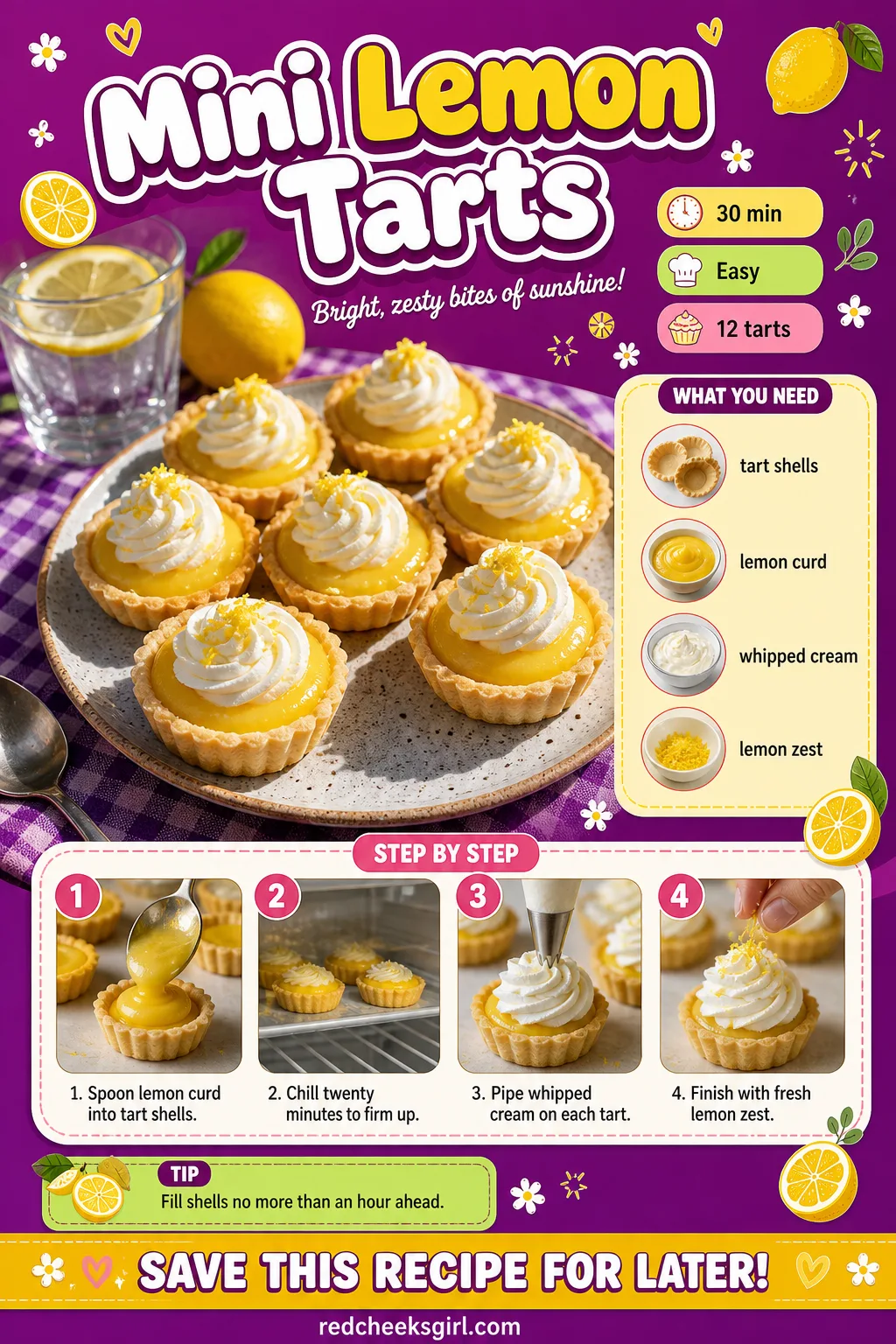 Mini Lemon Tarts Recipe Card printable sheet — Mini Lemon Tarts | Prep 10 min, Total 30 min, Yield 12 | Ingredients: tart shells, lemon curd, whipped cream
