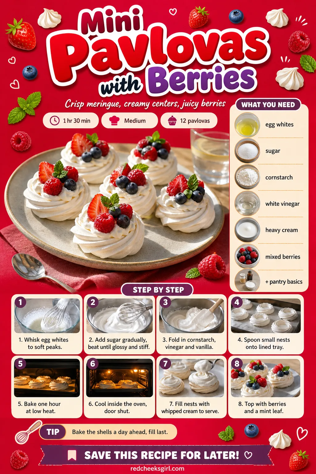 Mini Pavlovas with Berries Recipe Card printable sheet — Mini Pavlovas with Berries | Prep 20 min, Total 1 hr 30 min, Yield 12 | Ingredients: egg whites