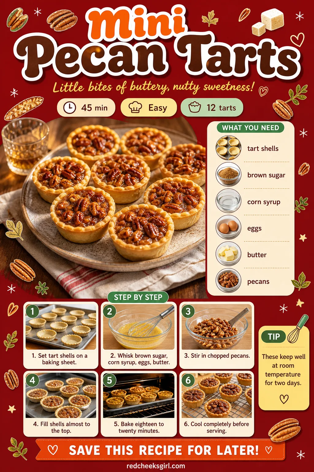 Mini Pecan Tarts Recipe Card printable sheet — Mini Pecan Tarts | Prep 15 min, Total 45 min, Yield 12 | Ingredients: tart shells, brown sugar, corn syrup