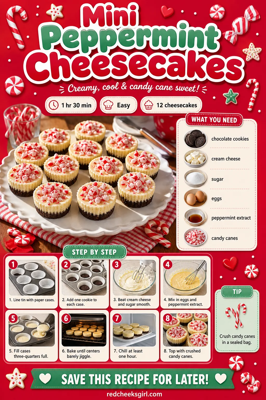 Mini Peppermint Cheesecakes Recipe Card printable sheet — Mini Peppermint Cheesecakes | Prep 15 min, Total 1 hr 30 min, Yield 12 | Ingredients: chocolate