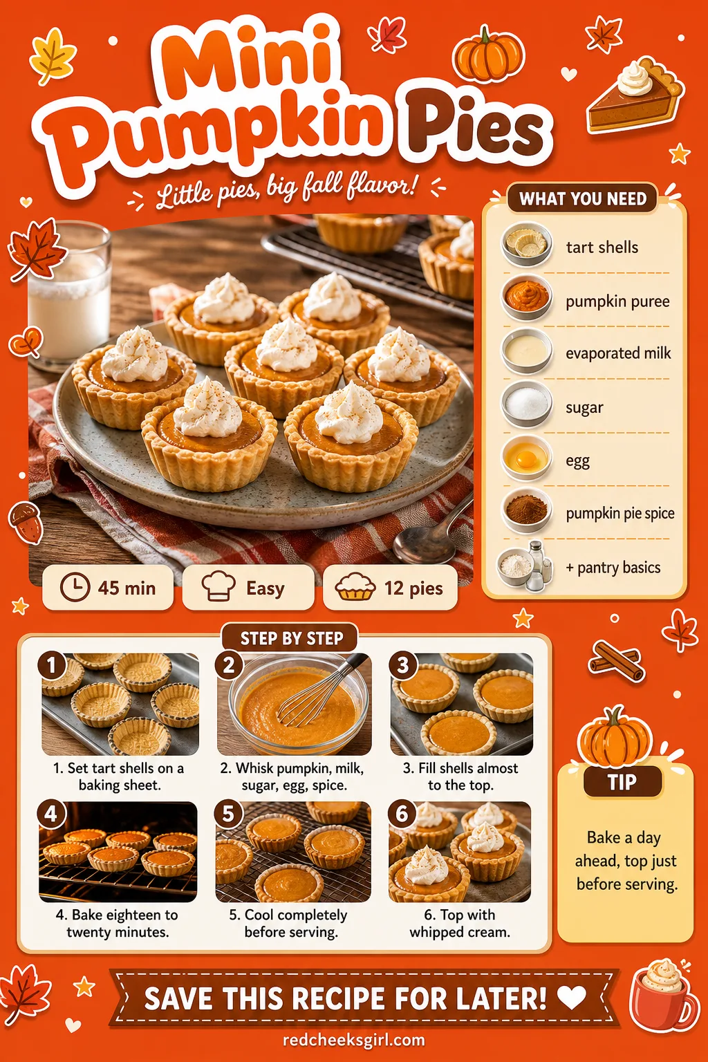 Mini Pumpkin Pies Recipe Card printable sheet — Mini Pumpkin Pies | Prep 15 min, Total 45 min, Yield 12 | Ingredients: tart shells, pumpkin puree, evaporated