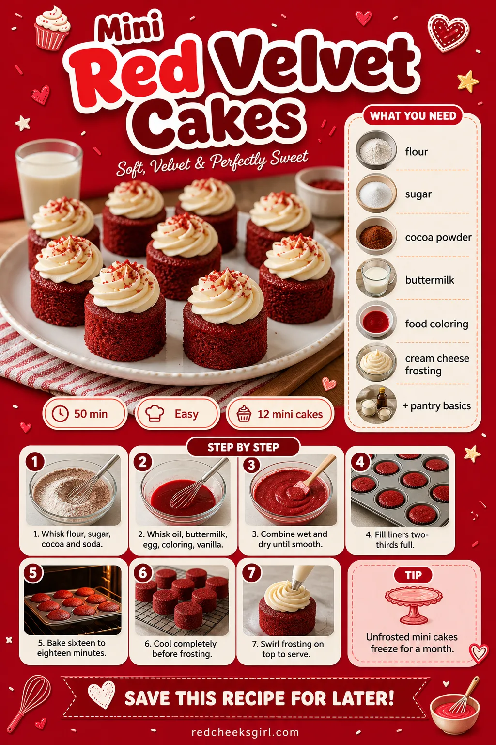 Mini Red Velvet Cakes Recipe Card printable sheet — Mini Red Velvet Cakes | Prep 20 min, Total 50 min, Yield 12 | Ingredients: flour, sugar, cocoa powder