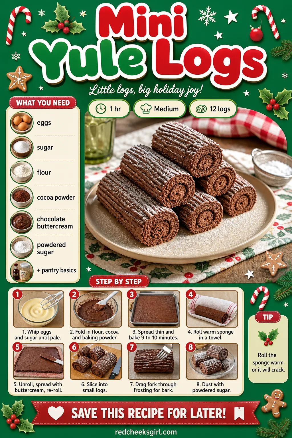 Mini Yule Logs Recipe Card printable sheet — Mini Yule Logs | Prep 25 min, Total 1 hr, Yield 12 | Ingredients: eggs, sugar, flour, cocoa powder, chocolate