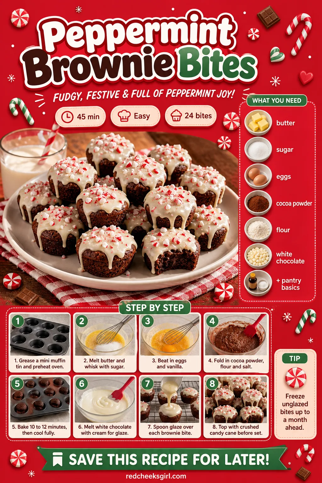 Peppermint Brownie Bites Recipe Card printable sheet — Peppermint Brownie Bites | Prep 15 min, Total 45 min, Yield 24 | Ingredients: butter, sugar, eggs, cocoa