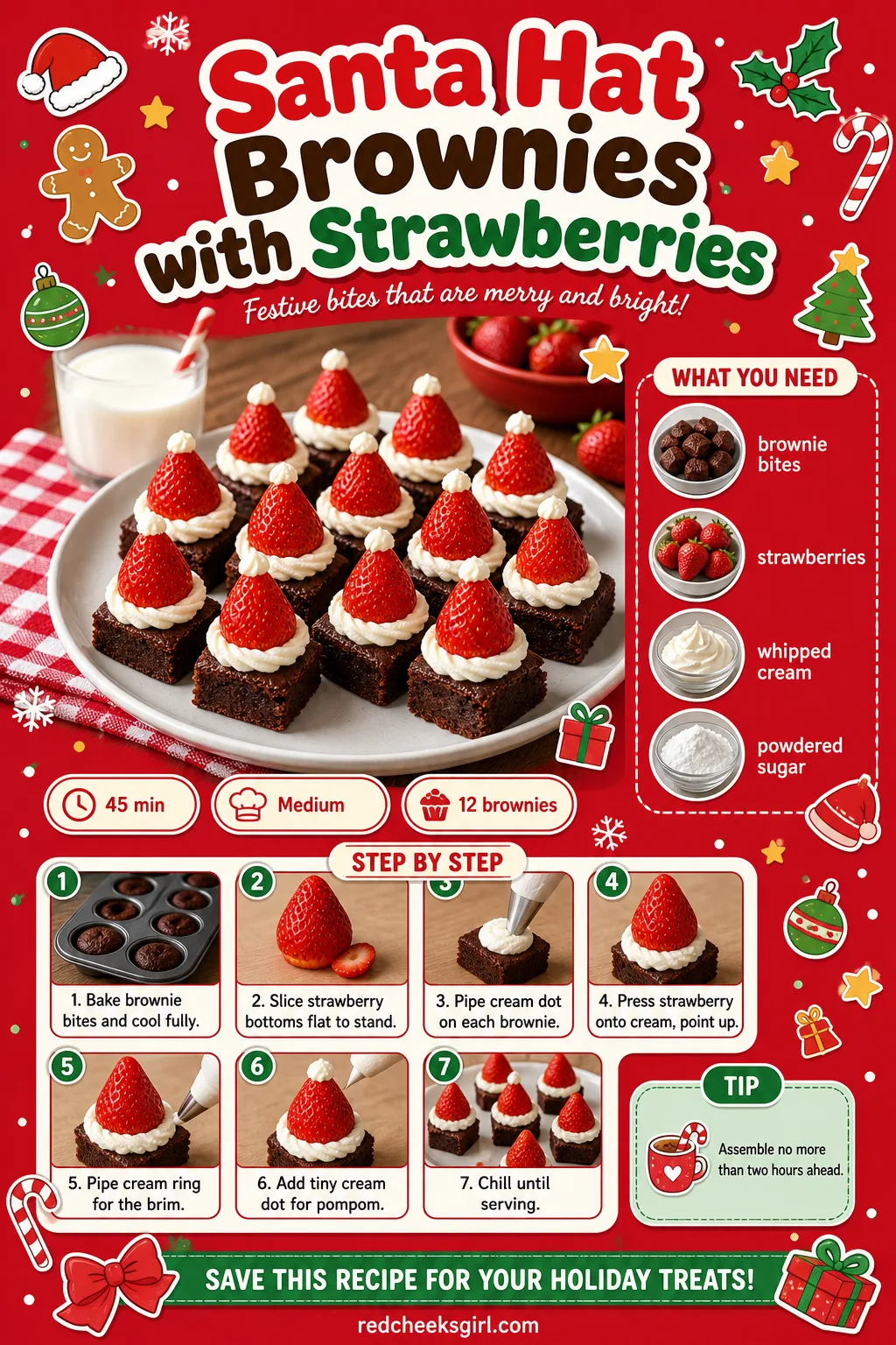 Santa Hat Brownies with Strawberries Recipe Card printable sheet — Santa Hat Brownies with Strawberries | Prep 20 min, Total 45 min, Yield 12 | Ingredients