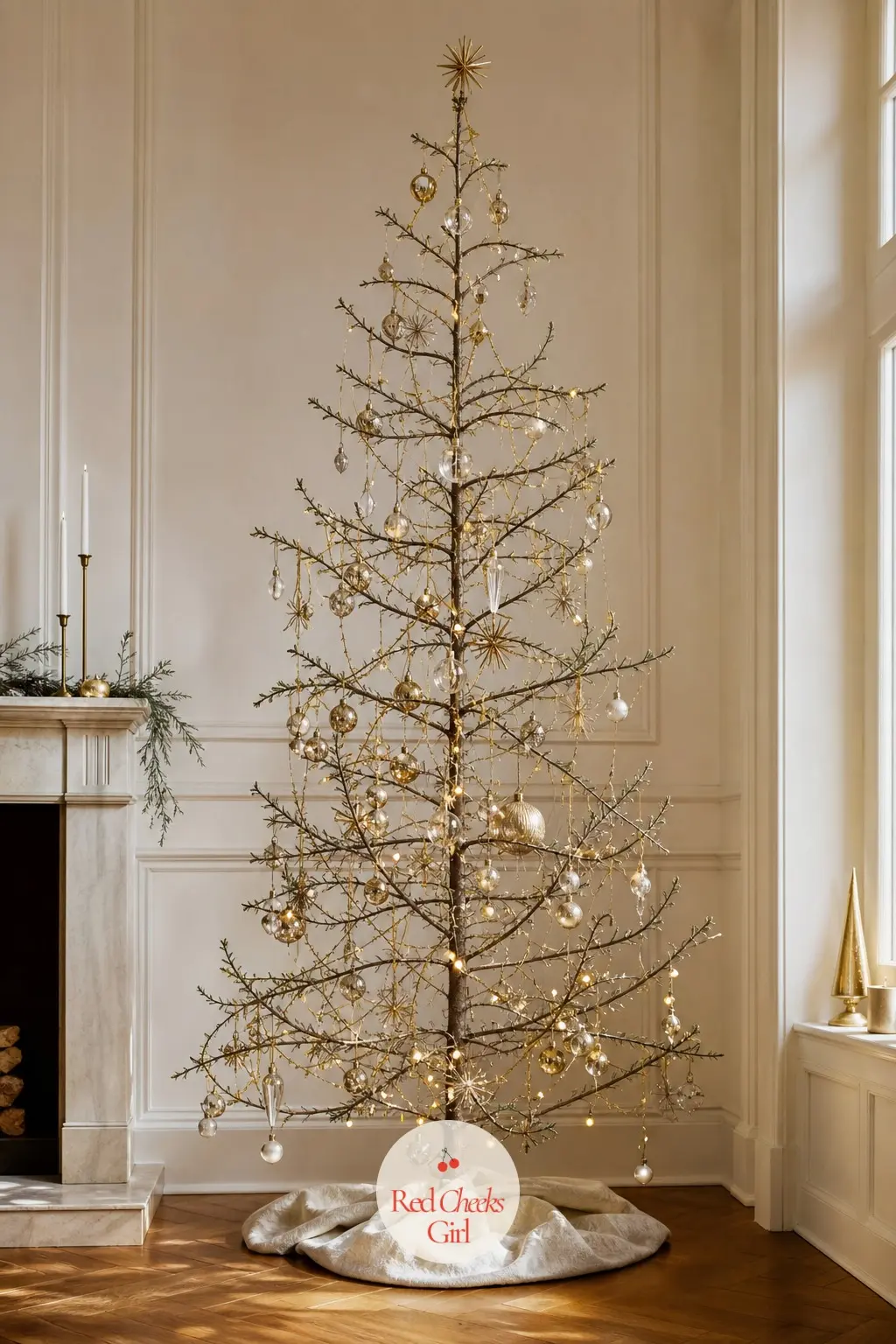 A Bare Branched Tree With Only Brass and Glass — Skip the full, bushy shape and let a slim, open branched tree do the work instead, so the room behind it stays