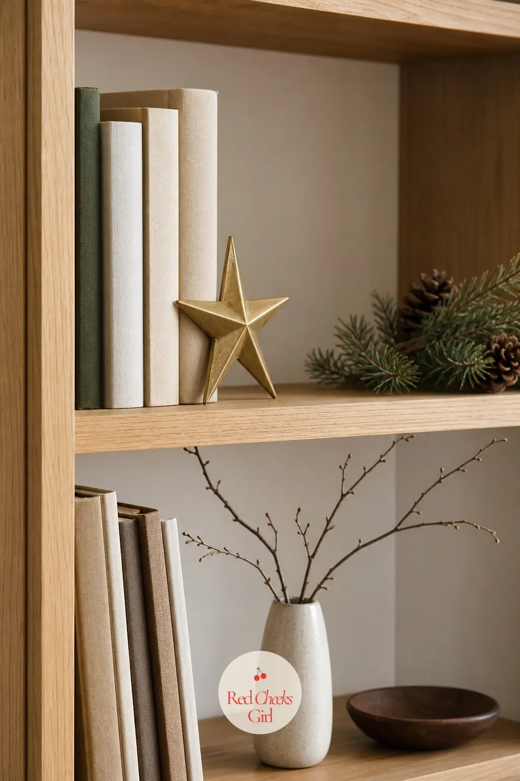 The Bookshelves, Edited Down to Almost Nothing — Pull a third of the books off the shelves for the season and replace the gap with negative space, then tuck