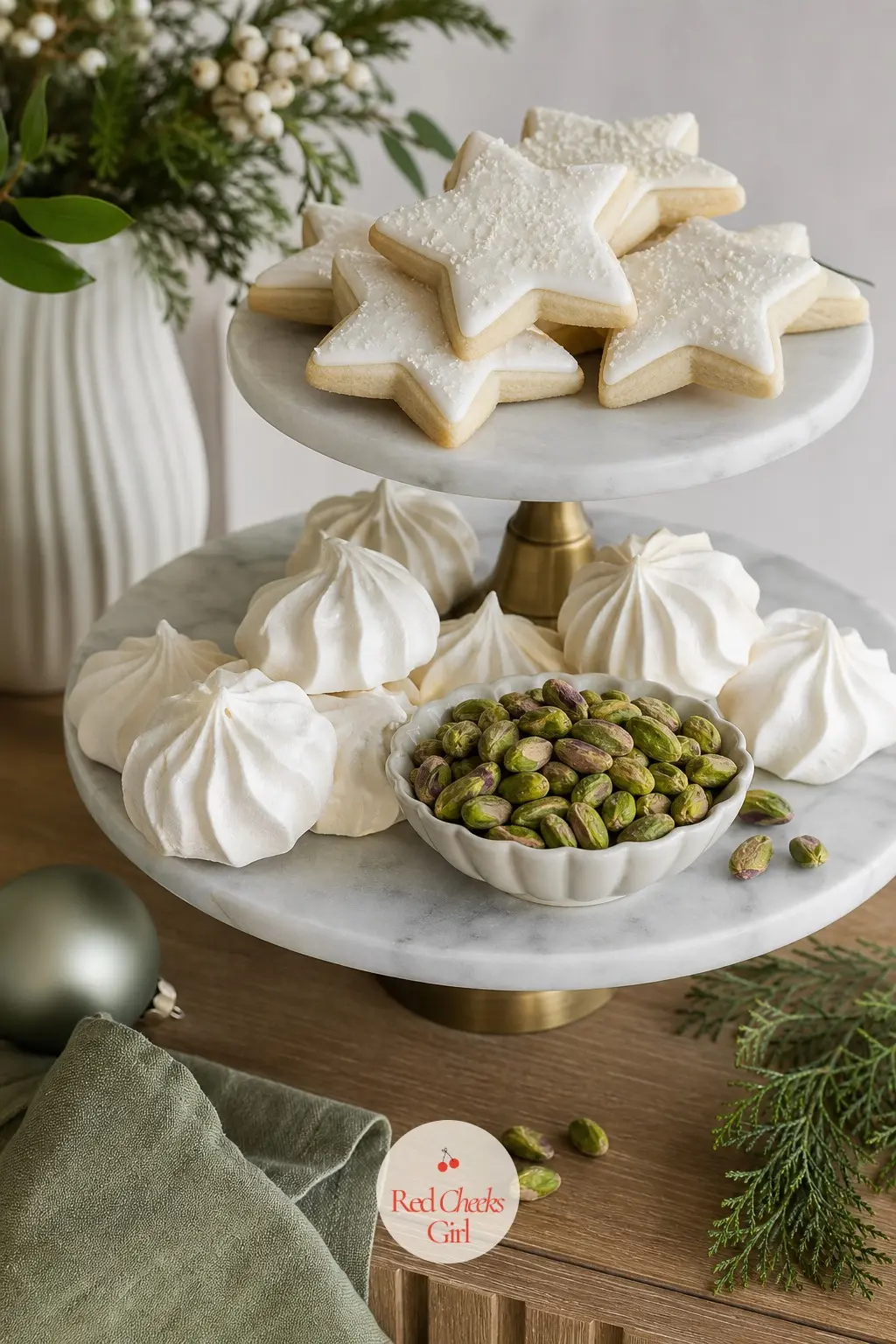 A Dessert Table in Only Three Colours — Keep the sweets to sugar cookies cut into the same six point star, a bowl of sage green pistachios, and a stack of