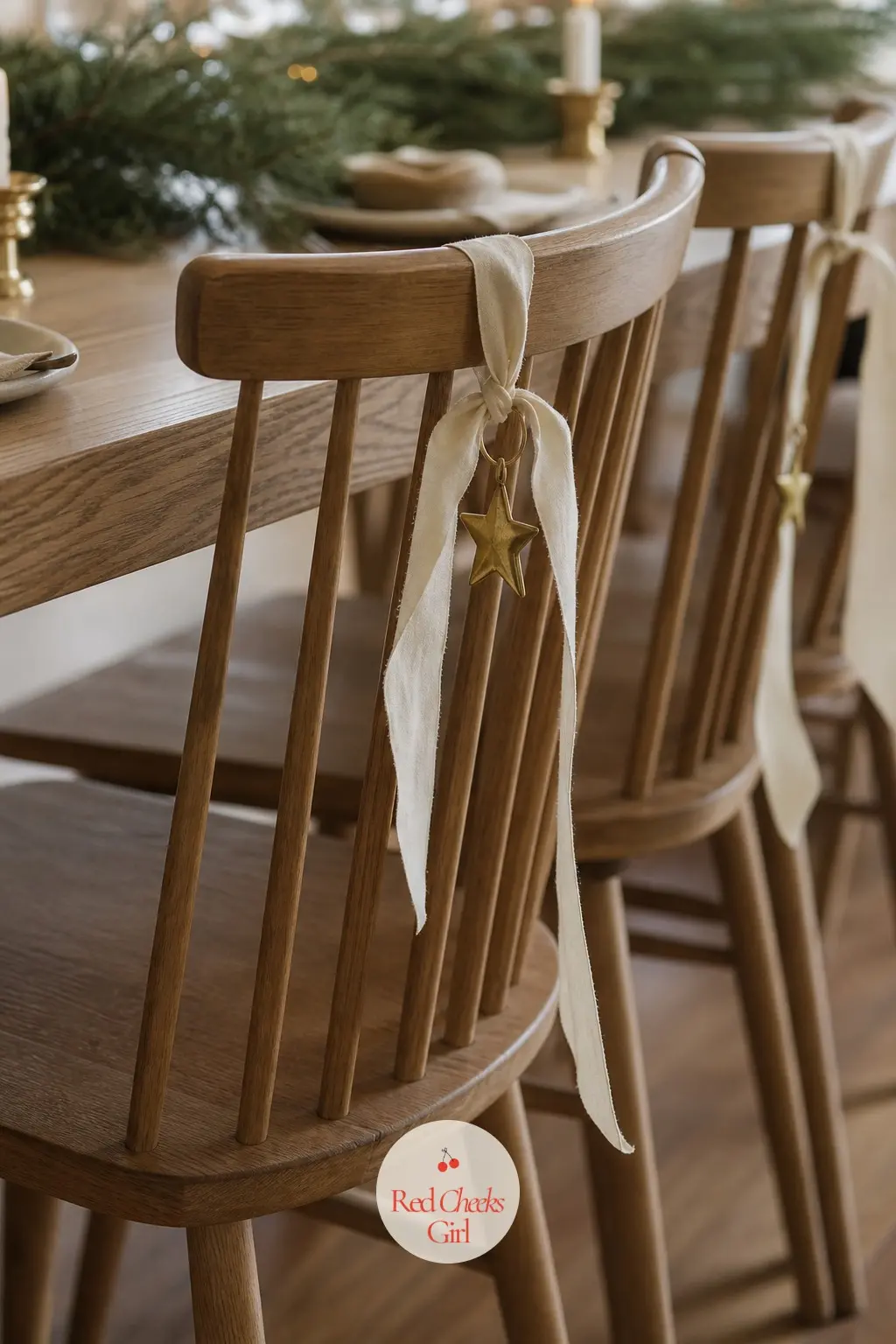 Dining Chairs With One Quiet Detail Each — Instead of a bow on every chair back, tie a single length of narrow ivory ribbon through one slat on each chair