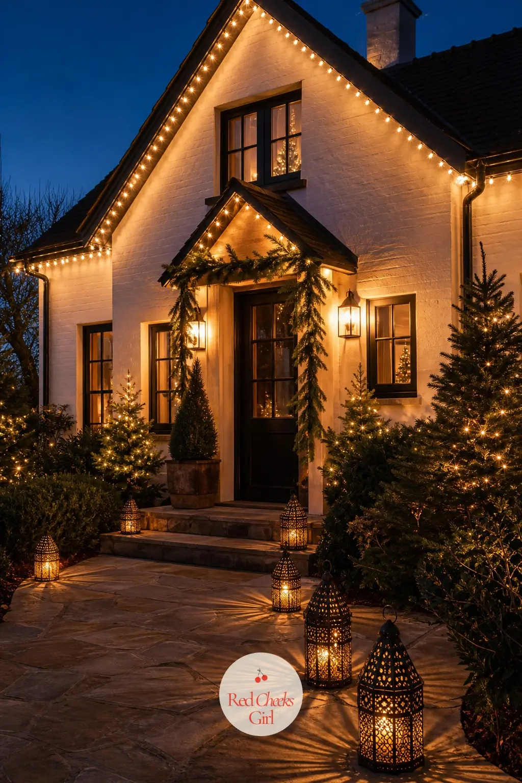 A Facade Lit by Warmth, Not Colour — Skip coloured lights entirely and outline the roofline and door frame in warm white only, so the house glows rather than