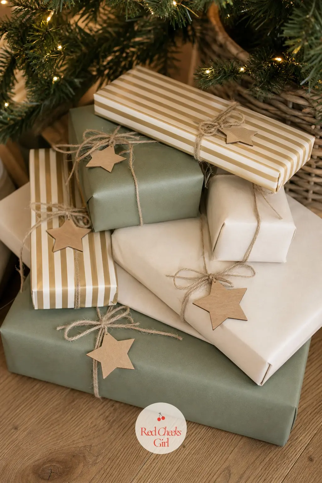Gifts Wrapped in Three Papers, Never Four — Choose three wrapping options only, an ivory kraft, a sage solid and a fine brass stripe, and rotate between them