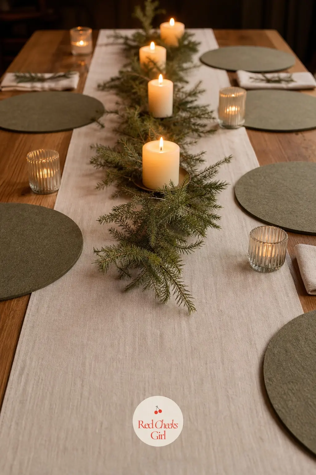 An Ivory Runner Over a Bare Oak Table — Leave the oak tabletop uncovered and let one long ivory linen runner carry the length of it, rather than a full cloth