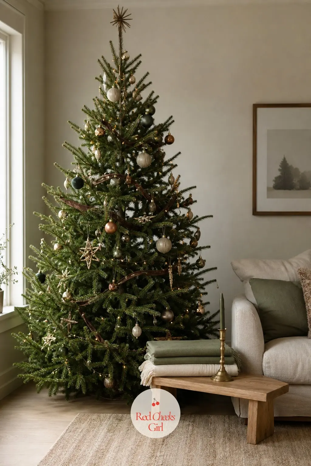 A Low Oak Bench Instead of a Second Tree — Rather than cluttering the seating area with extra decor, let one low oak bench near the tree carry the whole room