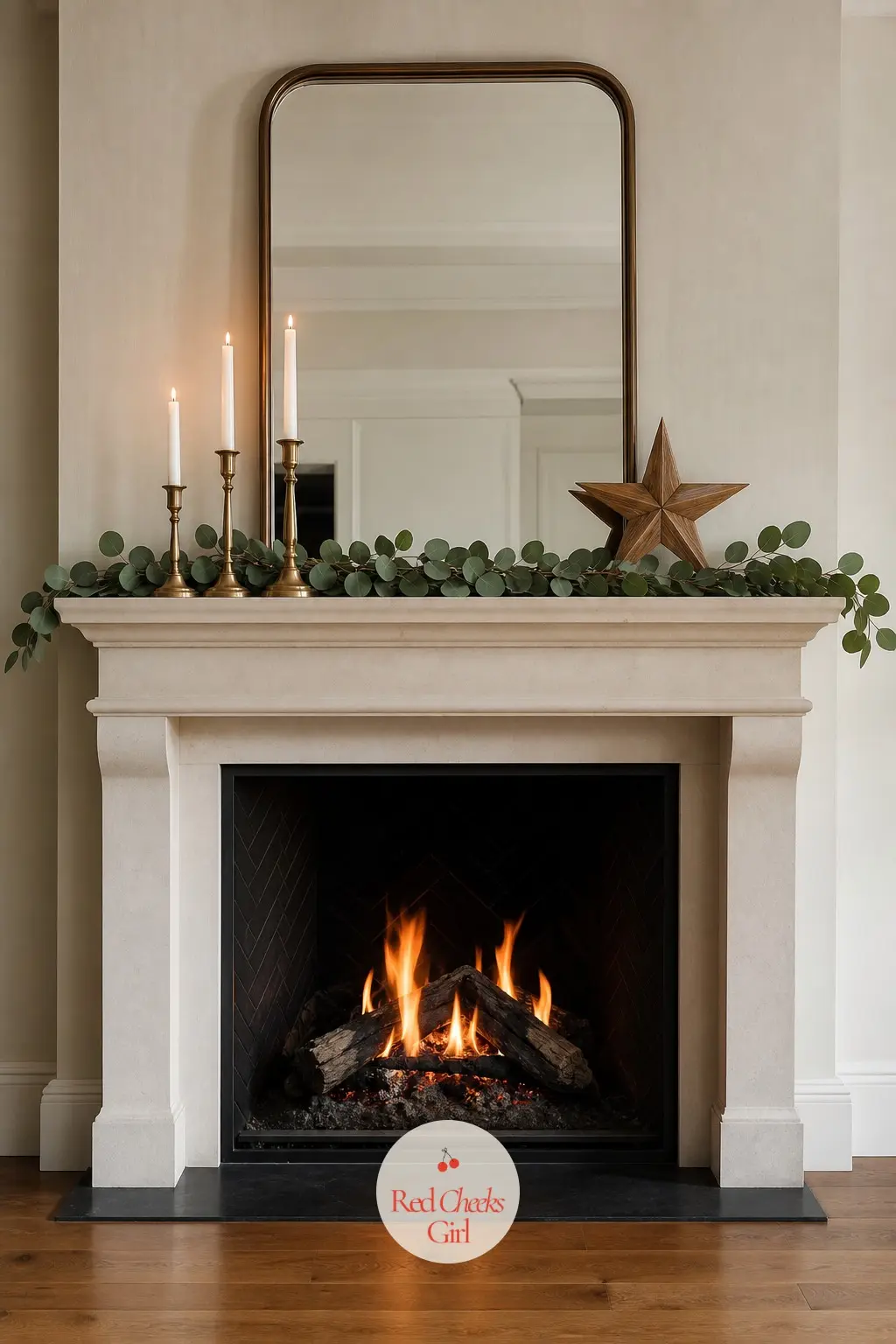 A Mantel With Three Things on It, Not Thirty — Lay a short run of fresh eucalyptus flat along the mantel, add three brass candle holders at staggered heights
