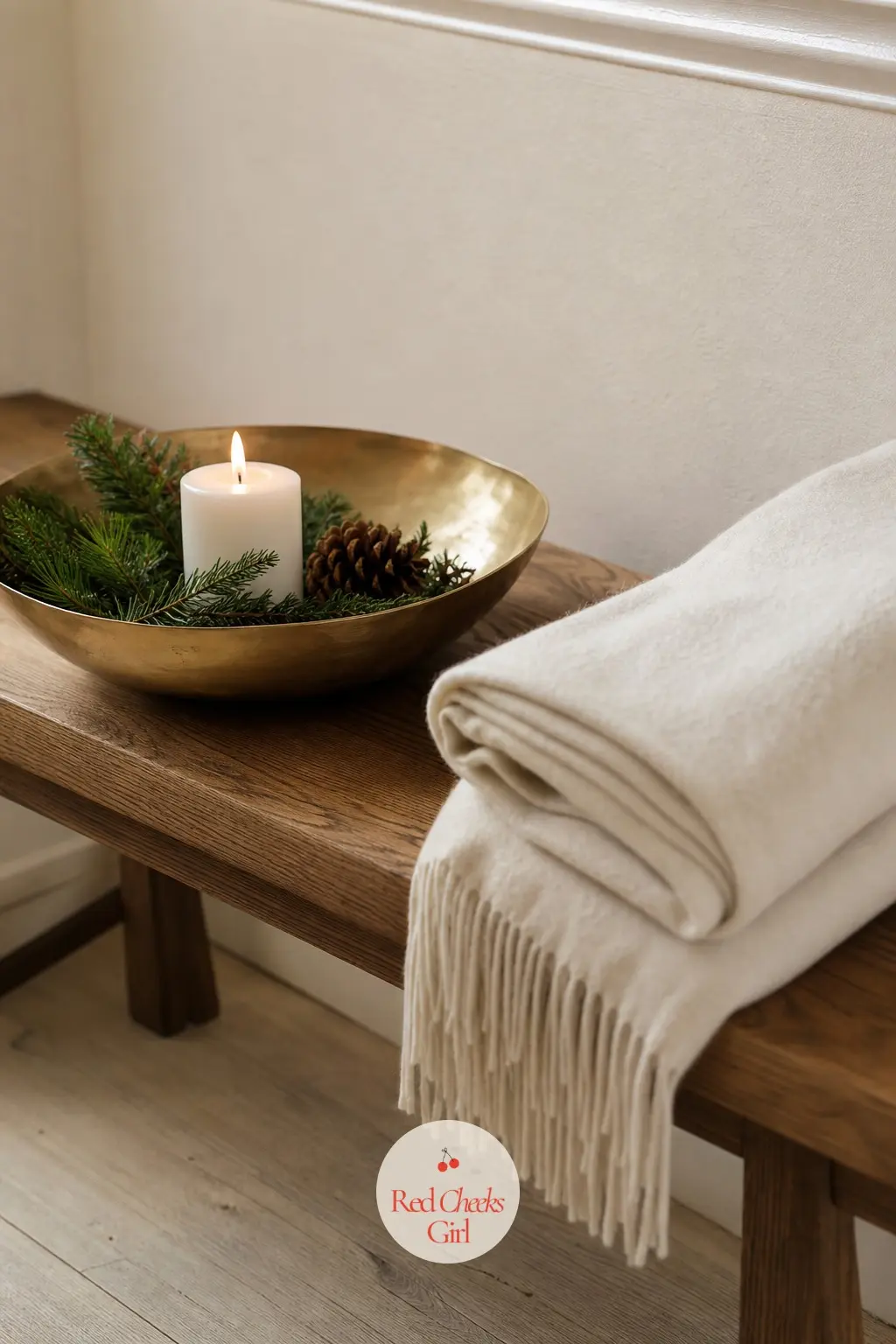 One Bench, One Bowl, One Scent — Just inside the door, a narrow oak bench holds one shallow brass bowl for keys and a single pillar candle, instead of the